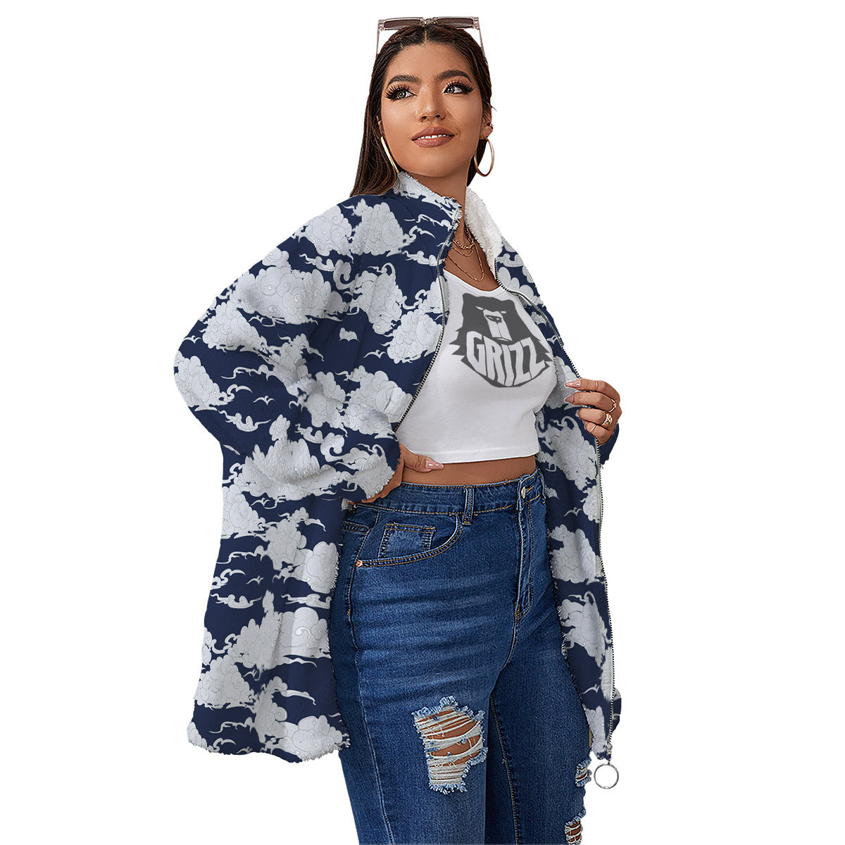Chinese Cloud Print Pattern Women's Sherpa Jacket-grizzshop