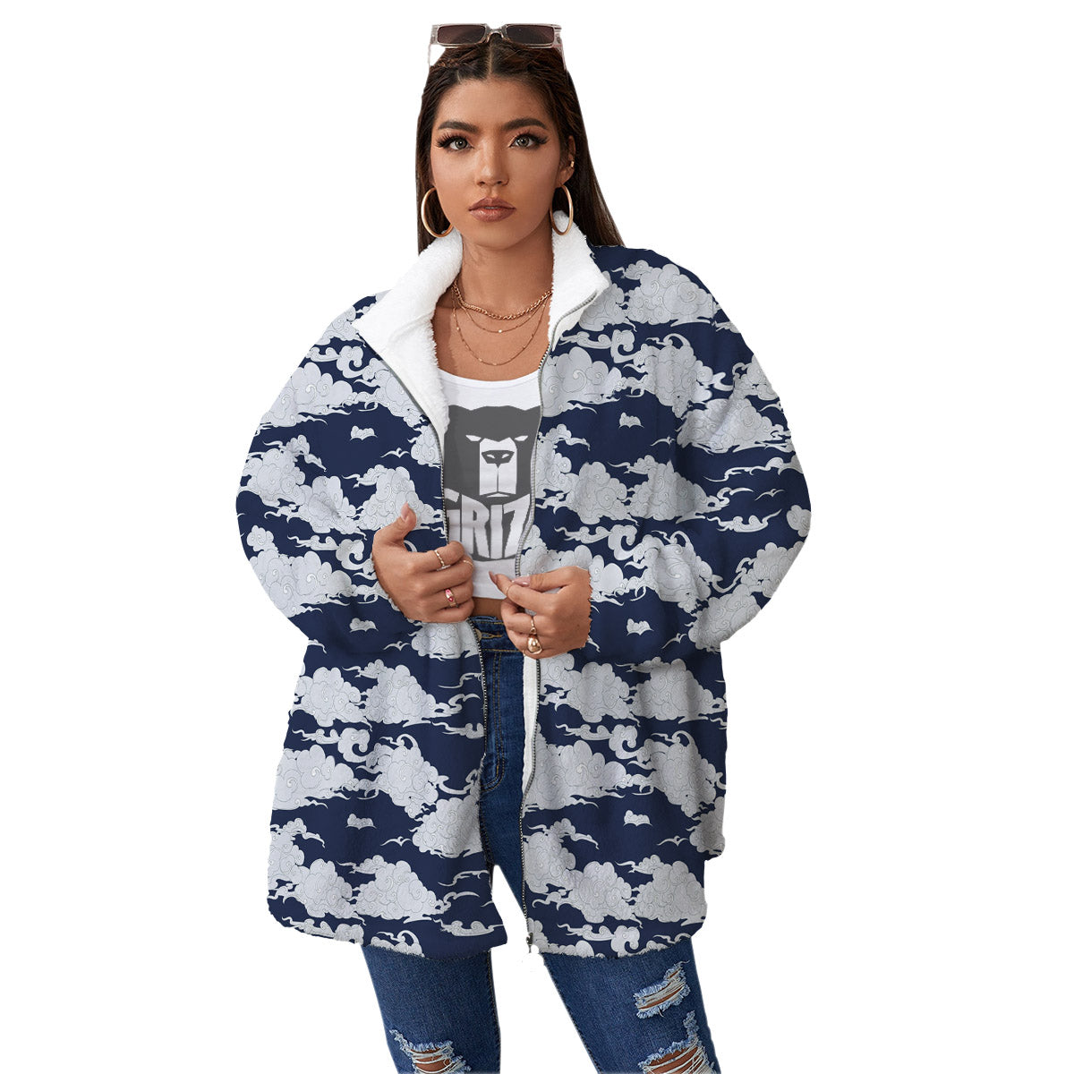 Chinese Cloud Print Pattern Women's Sherpa Jacket-grizzshop