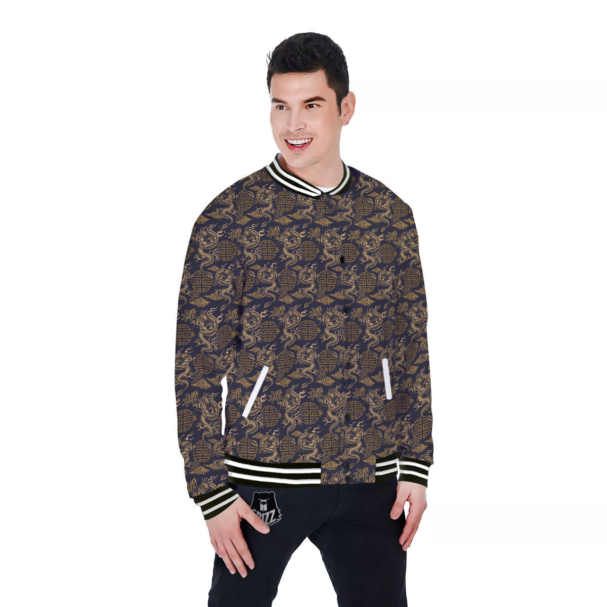 Chinese Dragon Print Pattern Baseball Jacket-grizzshop