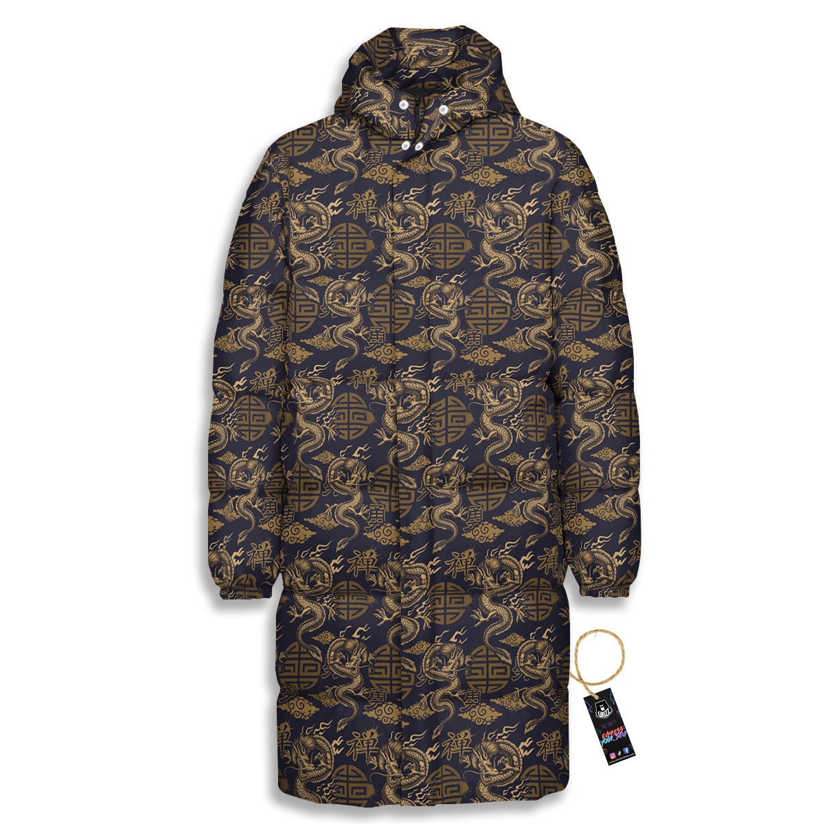 Chinese Dragon Print Pattern Long Down Jacket-grizzshop