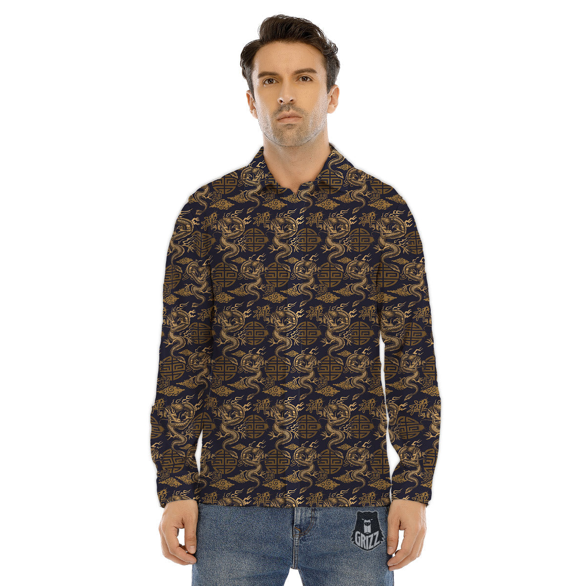 Chinese Dragon Print Pattern Men's Dress Shirts-grizzshop