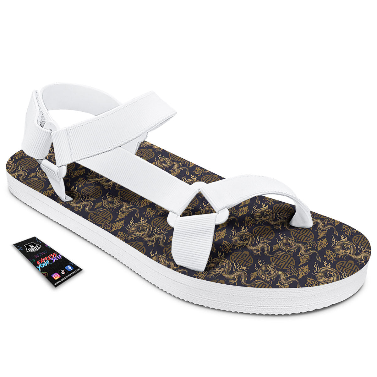 Chinese Dragon Print Pattern White Open Toe Sandals-grizzshop