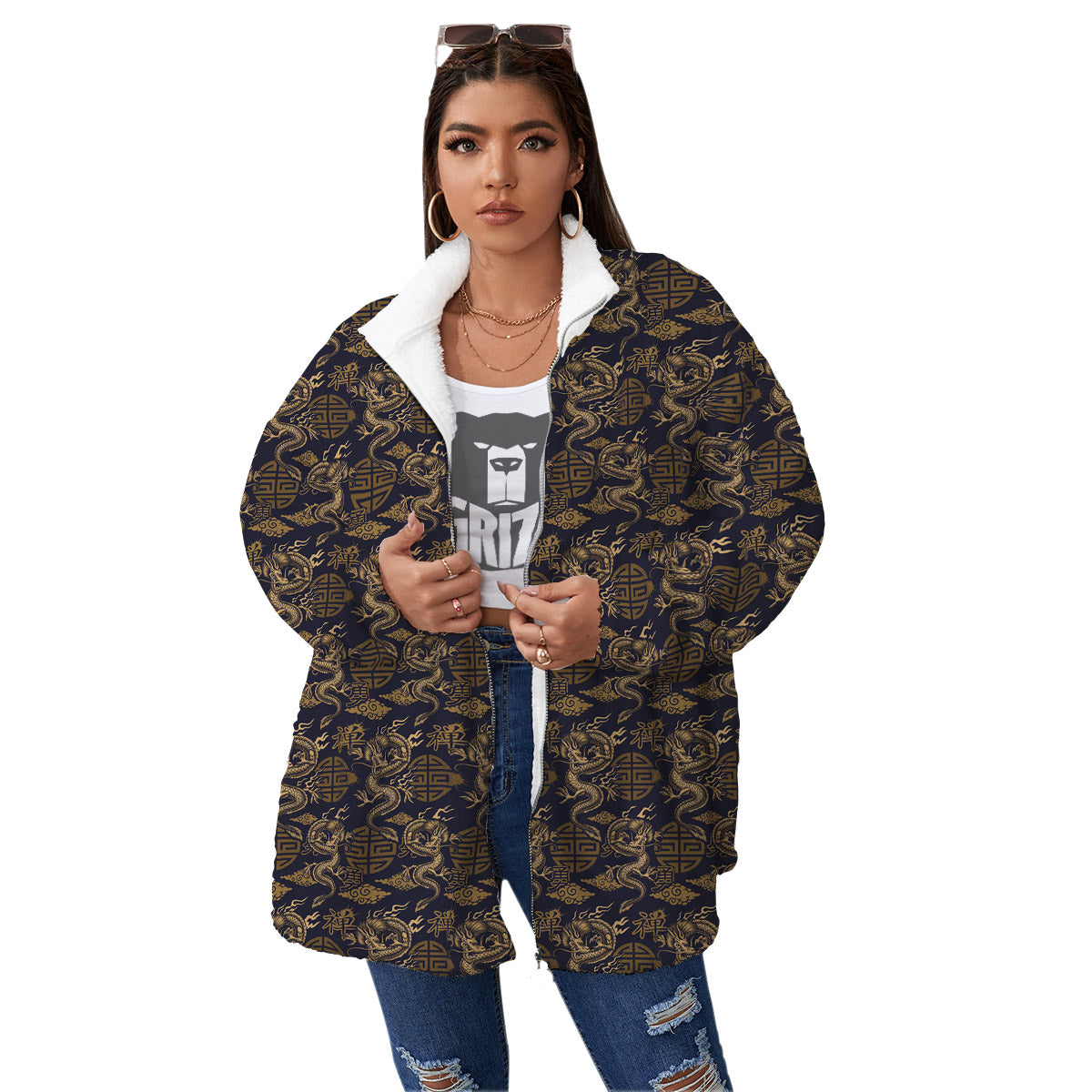 Chinese Dragon Print Pattern Women's Sherpa Jacket-grizzshop