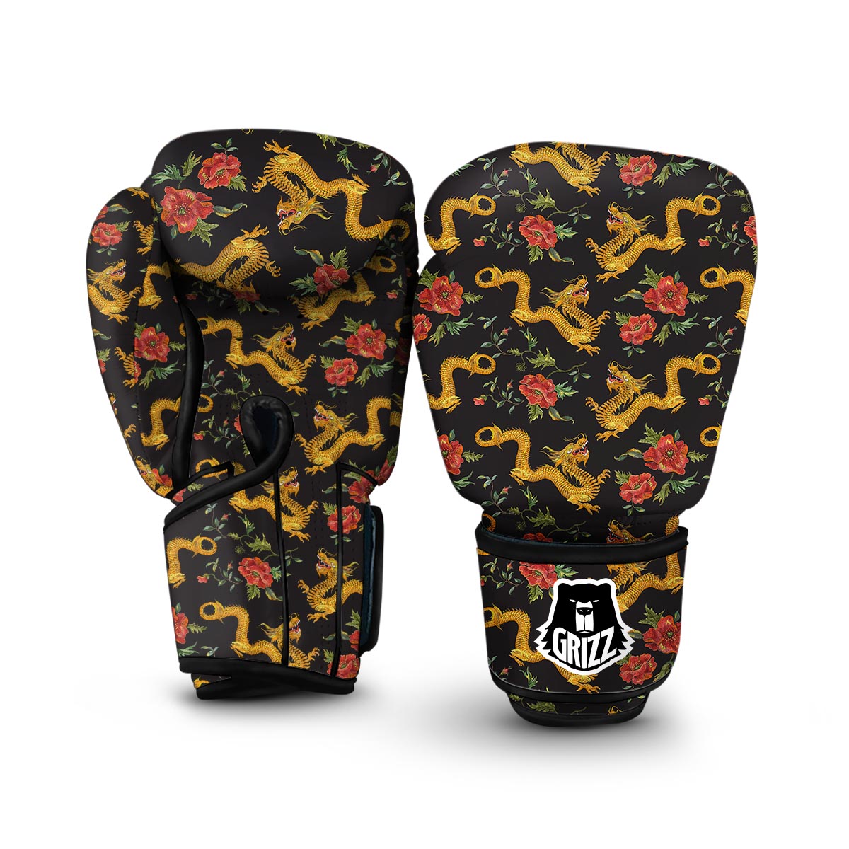 Chinese Dragon Rose Pattern Print Boxing Gloves-grizzshop