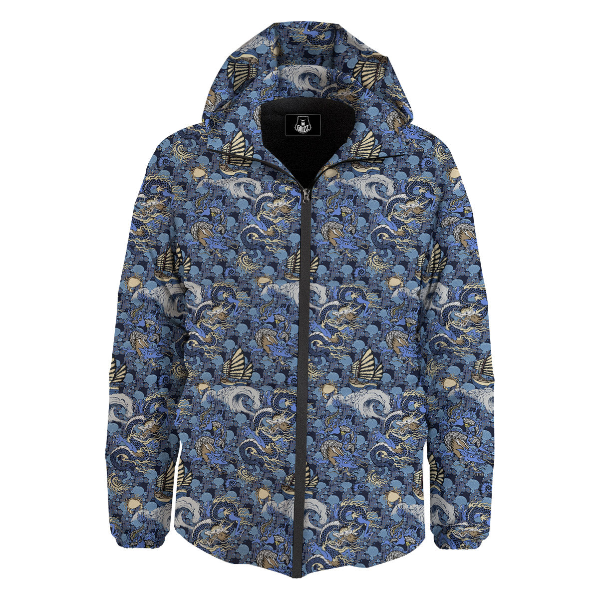 Chinese Dragon Sea Print Pattern Down Jacket-grizzshop