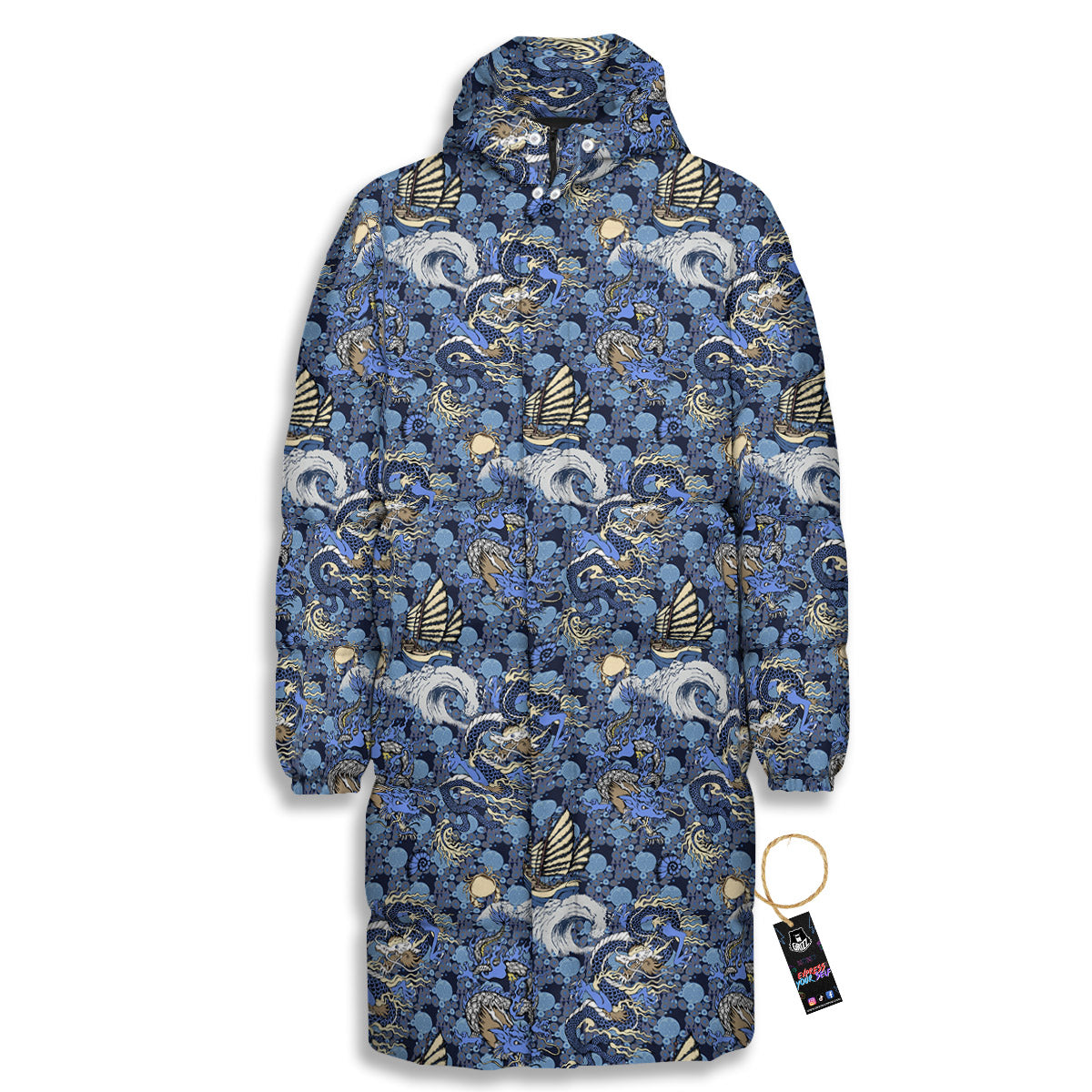 Chinese Dragon Sea Print Pattern Long Down Jacket-grizzshop