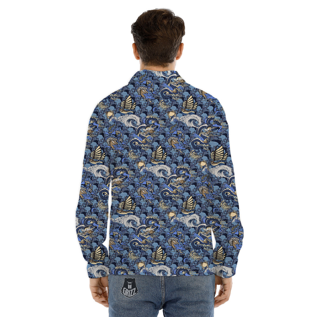 Chinese Dragon Sea Print Pattern Men's Dress Shirts-grizzshop