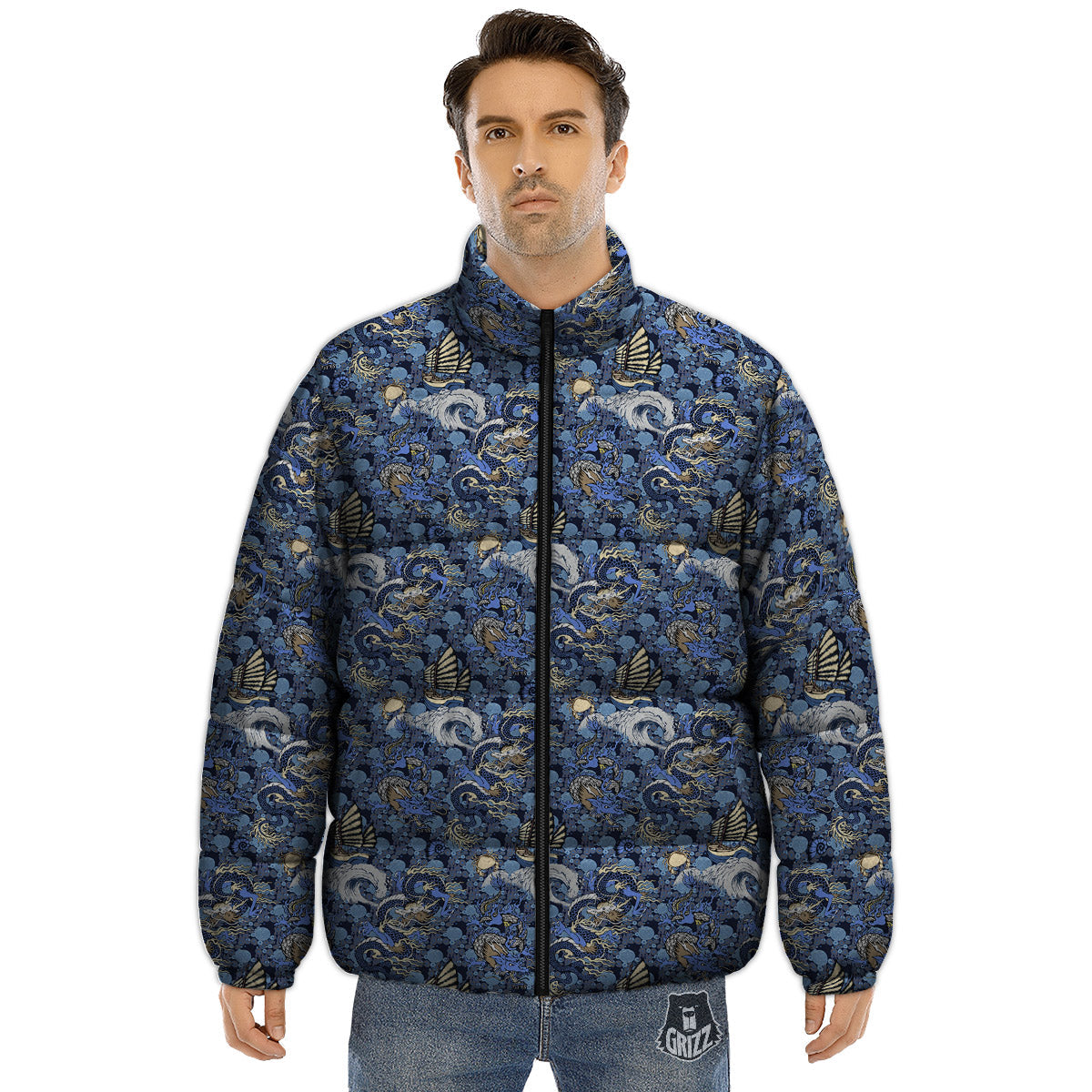 Chinese Dragon Sea Print Pattern Puffer Jacket-grizzshop
