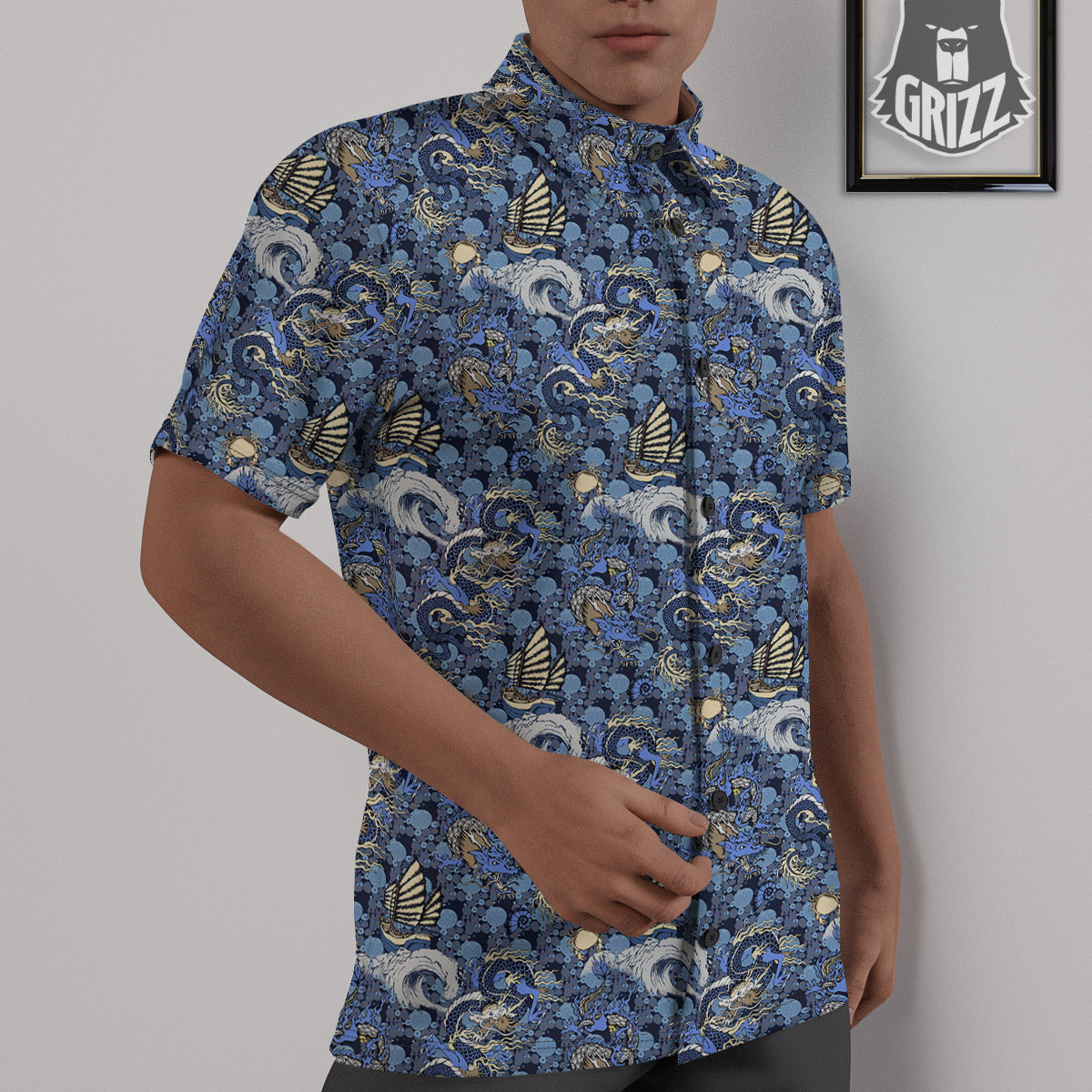 Chinese Dragon Sea Print Pattern Untucked Shirts-grizzshop