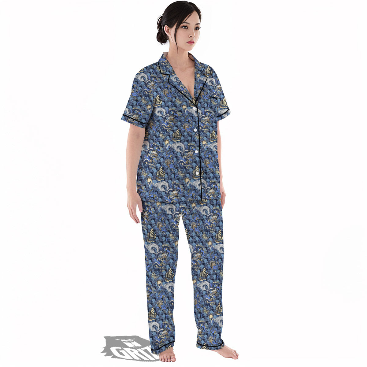 Chinese Dragon Sea Print Pattern Women's Pajamas Set-grizzshop
