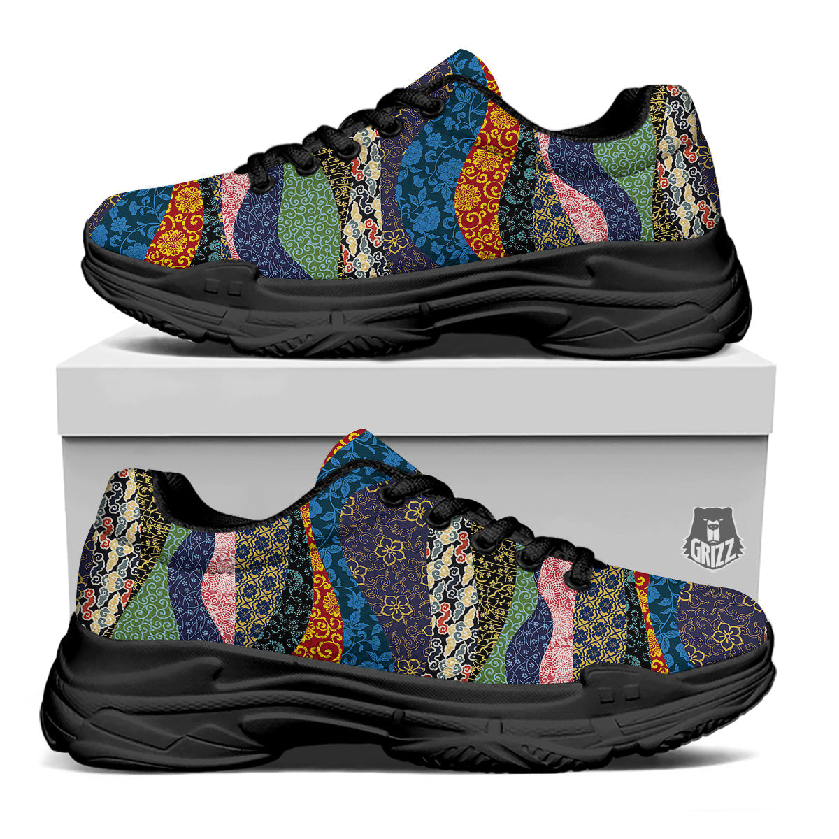 Chinese Fabric Art Print Pattern Black Chunky Shoes-grizzshop