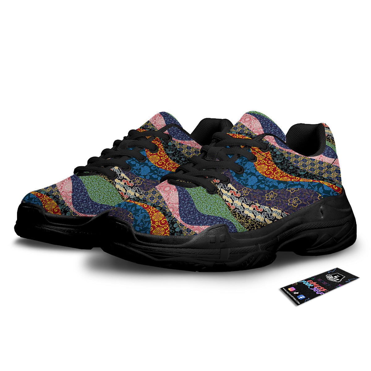 Chinese Fabric Art Print Pattern Black Chunky Shoes-grizzshop