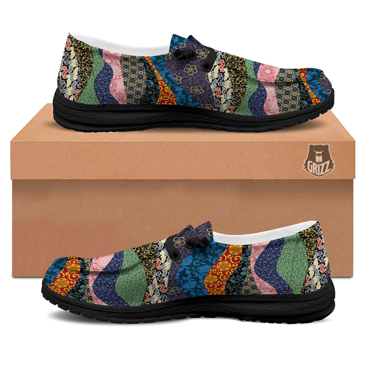 Chinese Fabric Art Print Pattern Black Loafers-grizzshop
