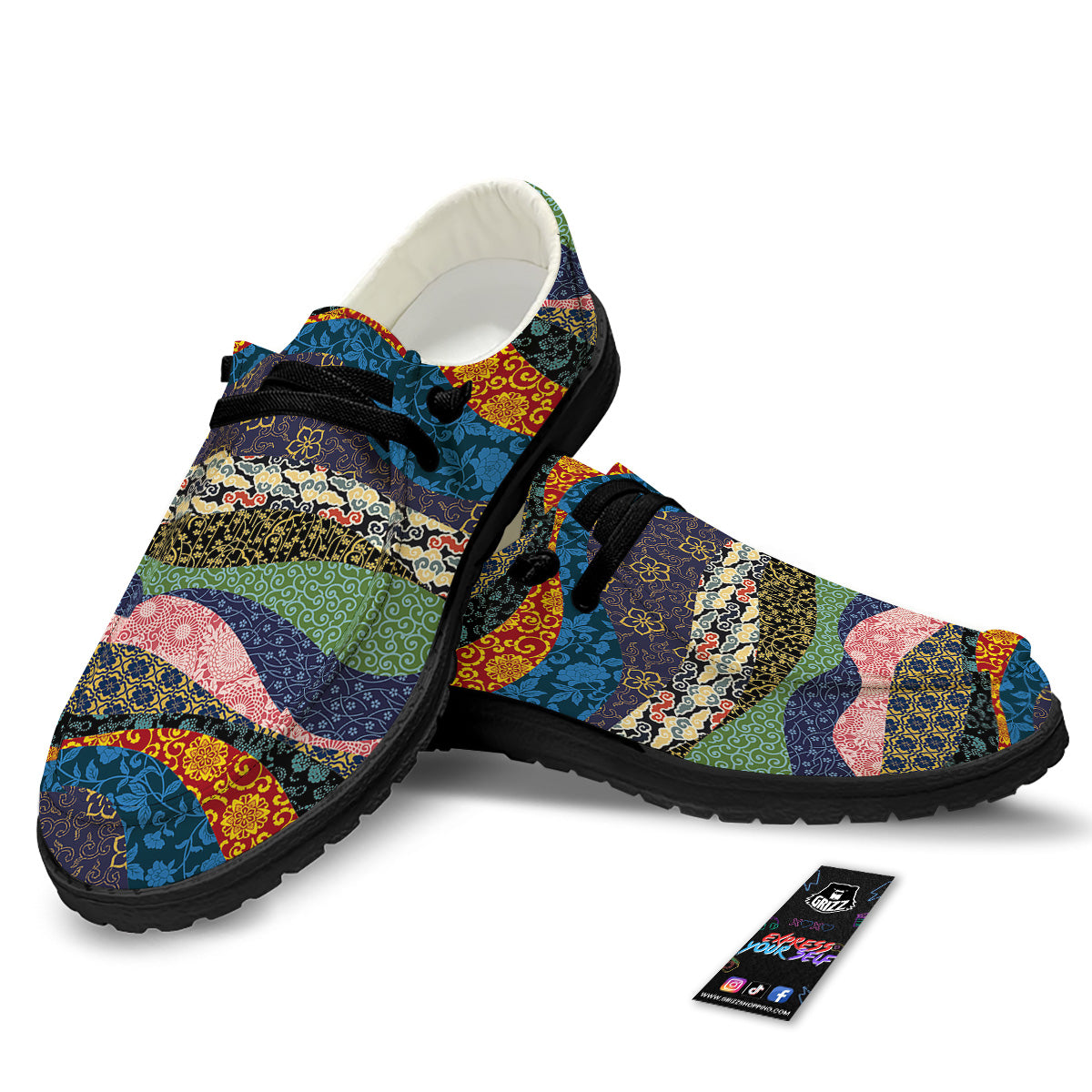 Chinese Fabric Art Print Pattern Black Loafers-grizzshop