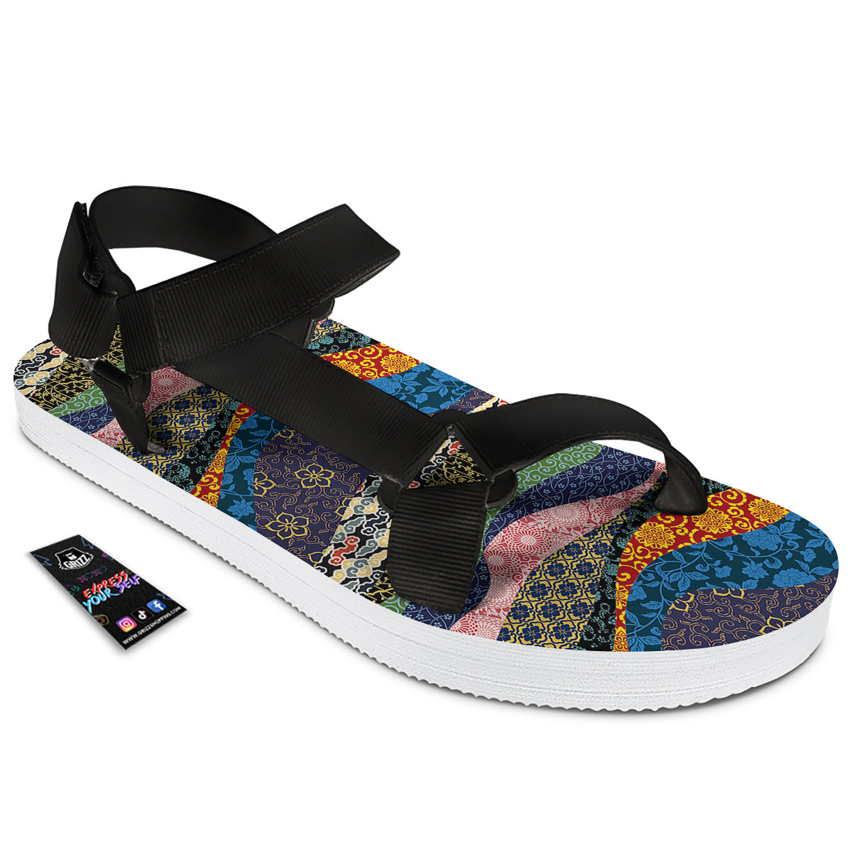 Chinese Fabric Art Print Pattern Black Open Toe Sandals-grizzshop