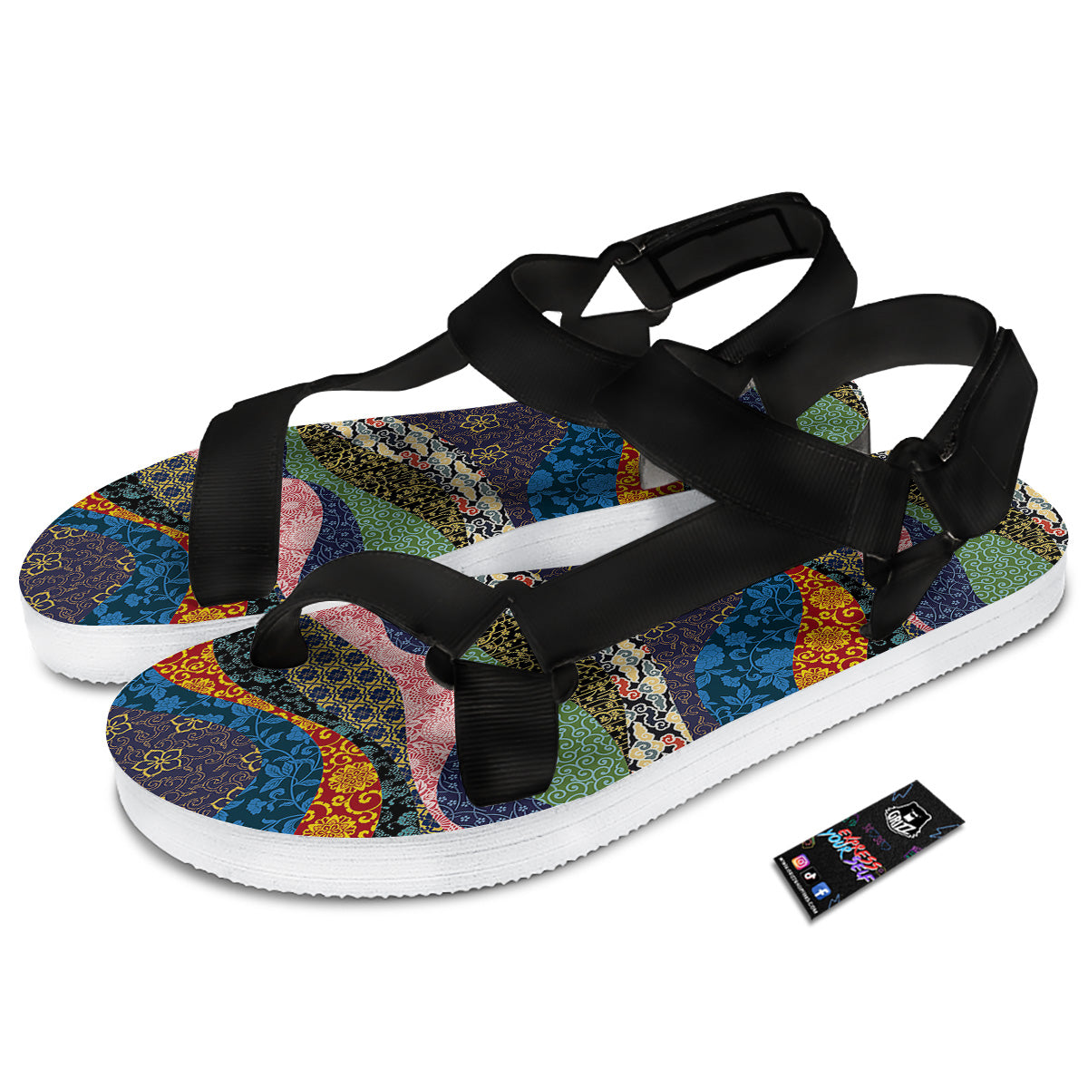 Chinese Fabric Art Print Pattern Black Open Toe Sandals-grizzshop