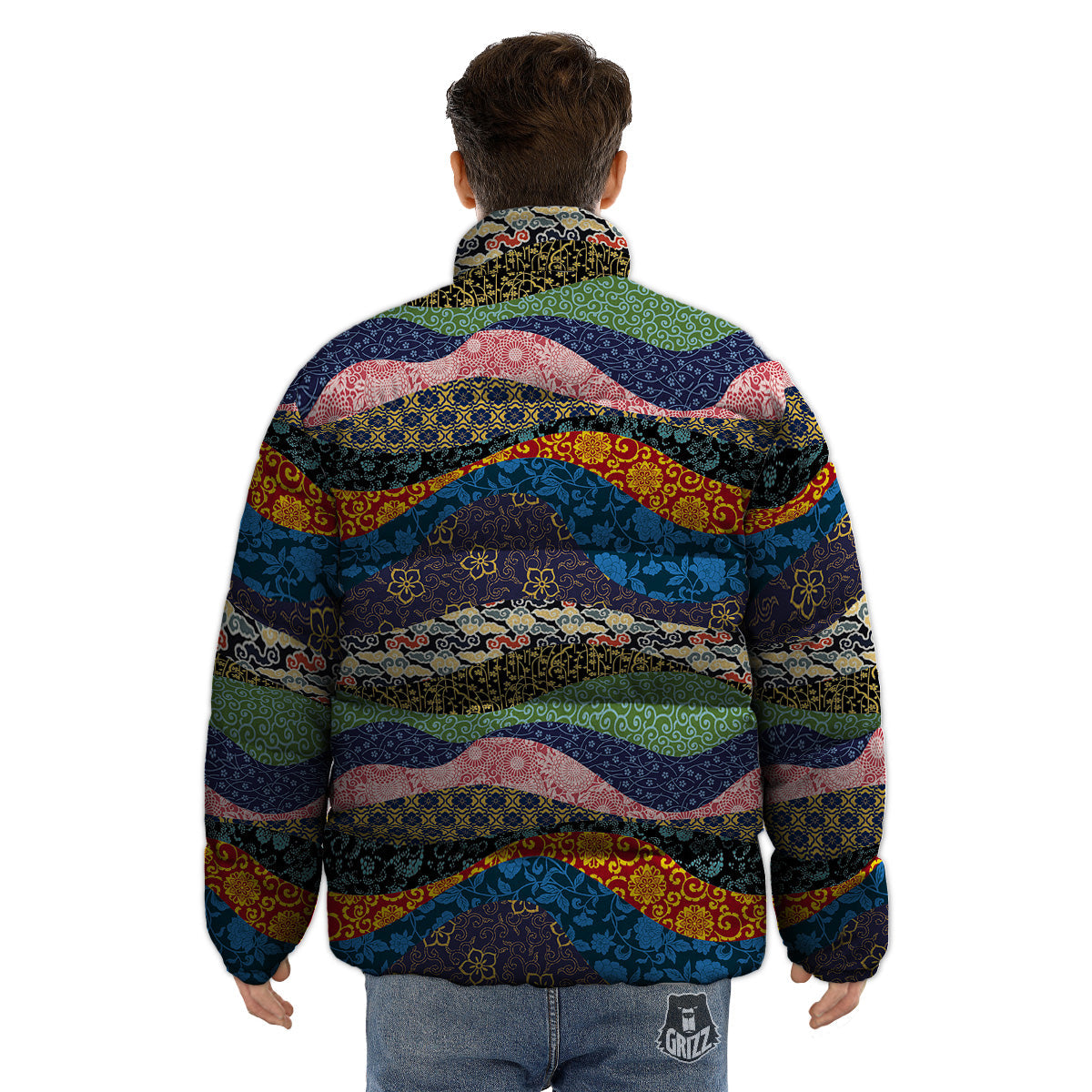 Chinese Fabric Art Print Pattern Puffer Jacket-grizzshop