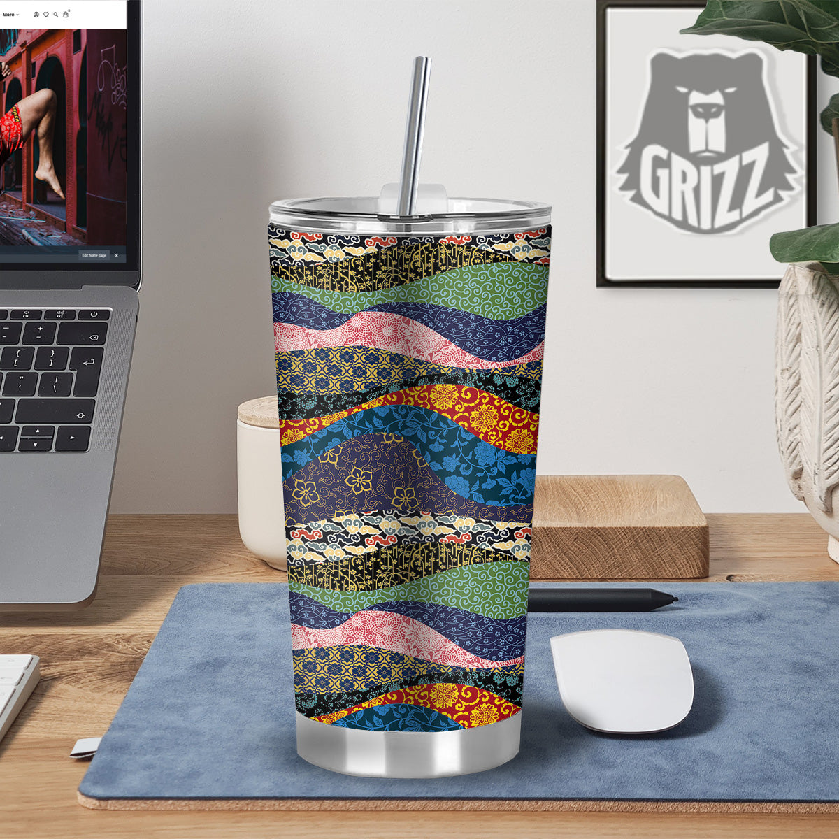 Chinese Fabric Art Print Pattern Tumbler-grizzshop