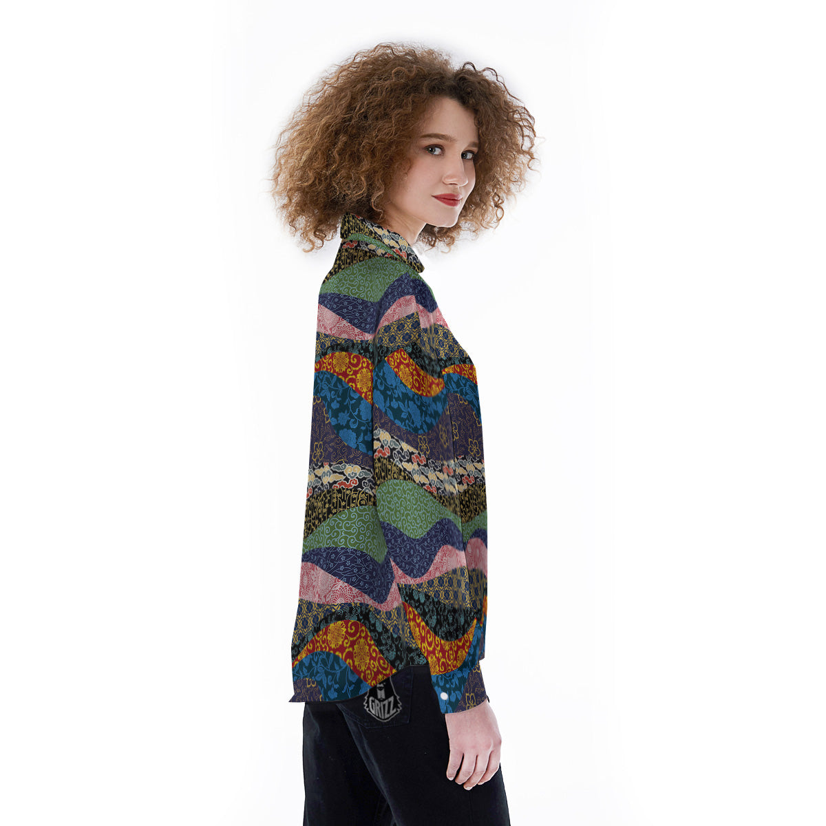 Chinese Fabric Art Print Pattern Women's Long Sleeve Shirts-grizzshop