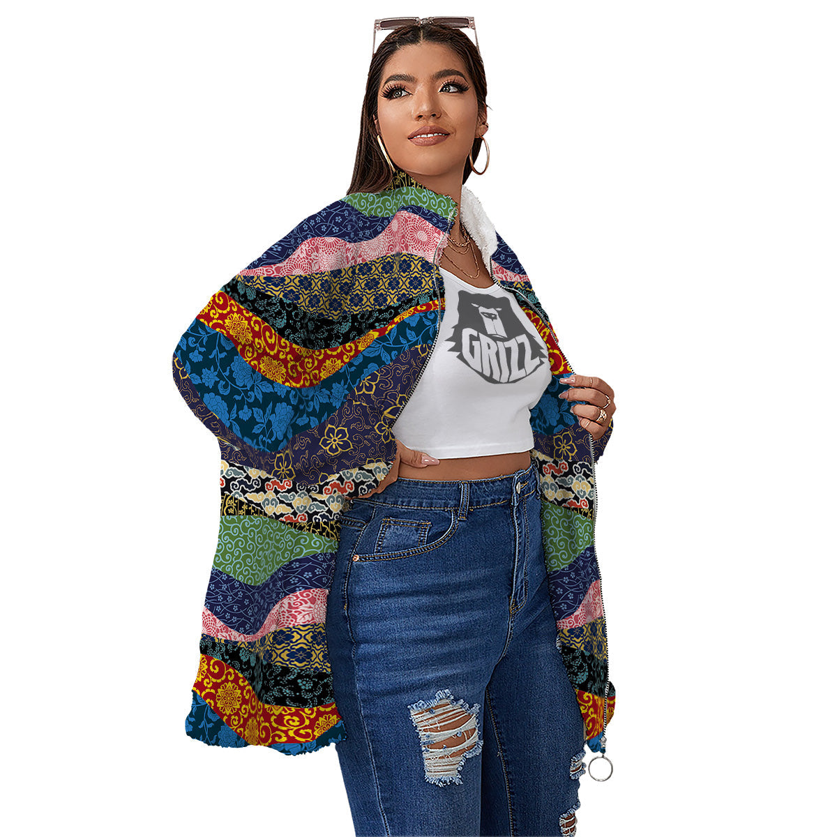 Chinese Fabric Art Print Pattern Women's Sherpa Jacket-grizzshop