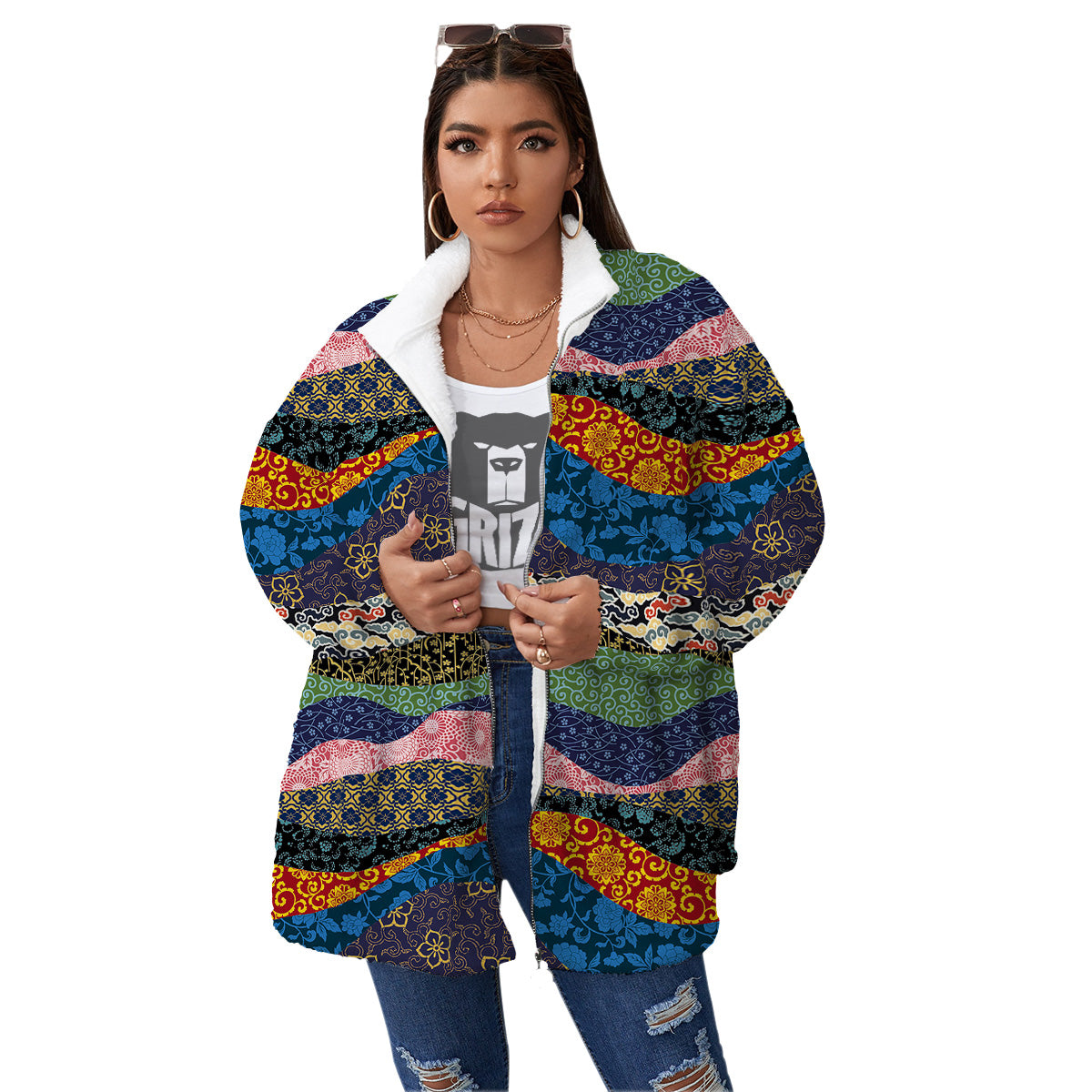 Chinese Fabric Art Print Pattern Women's Sherpa Jacket-grizzshop