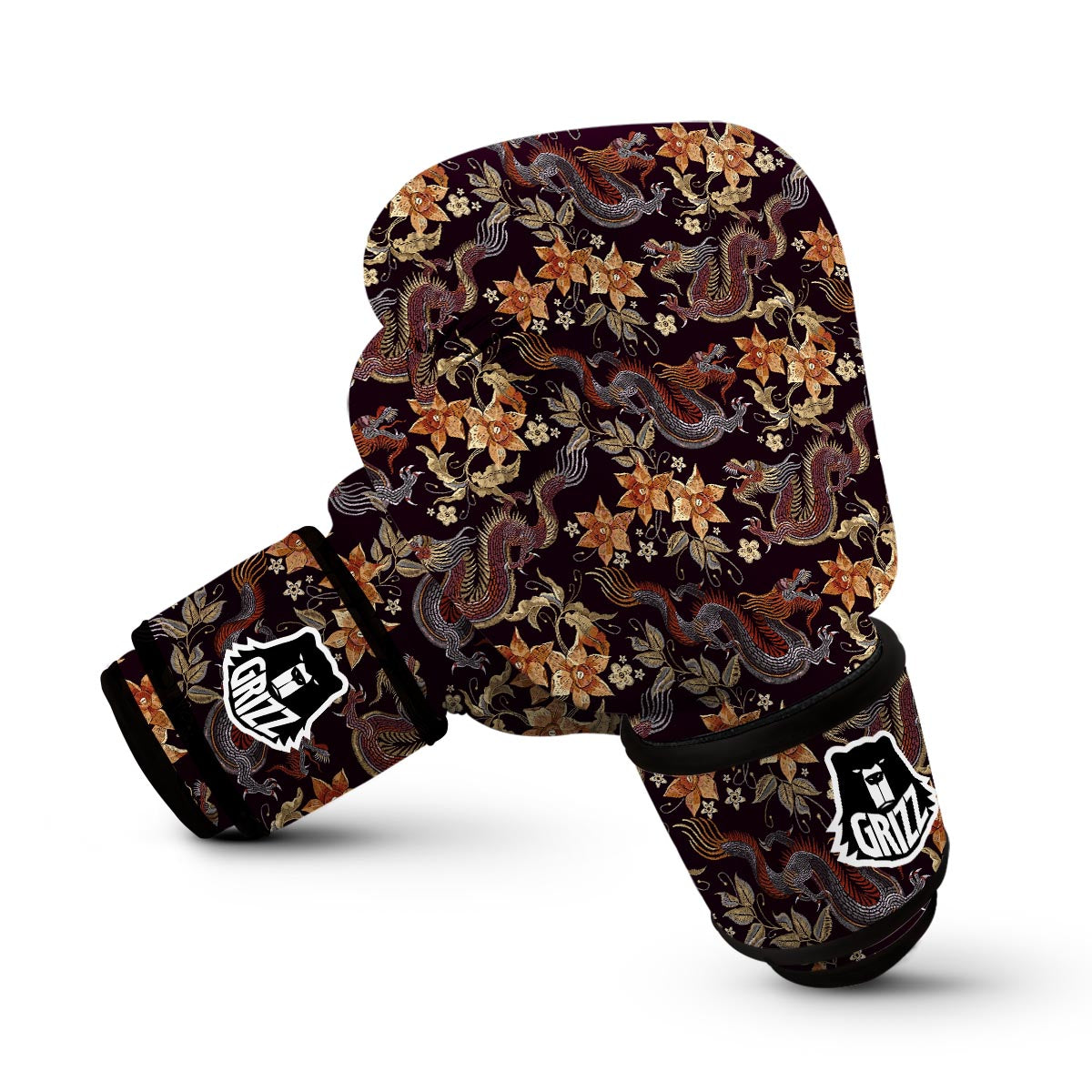Chinese Floral Dragon Pattern Print Boxing Gloves-grizzshop
