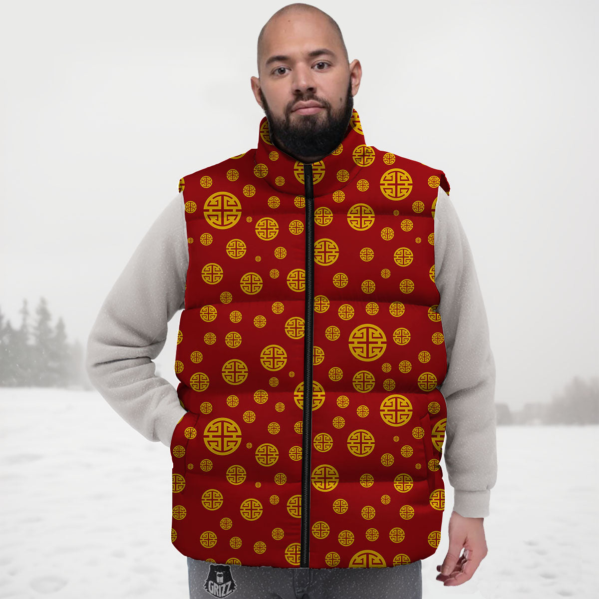 Chinese Gold Print Pattern Down Vest