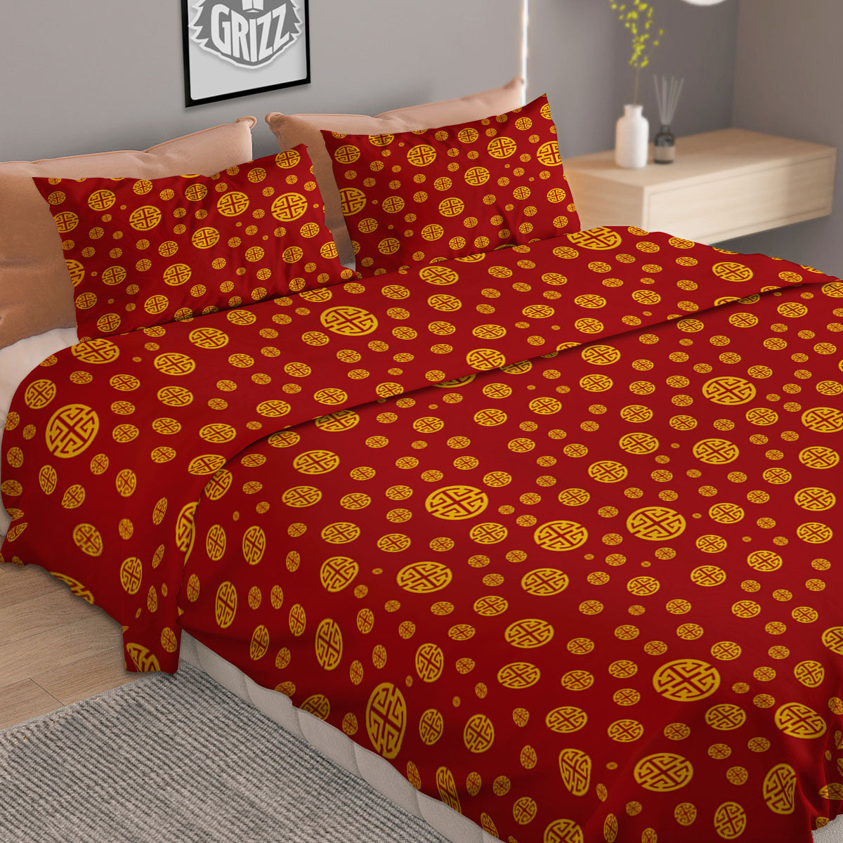 Chinese Gold Print Pattern Duvet Cover Bedding Set