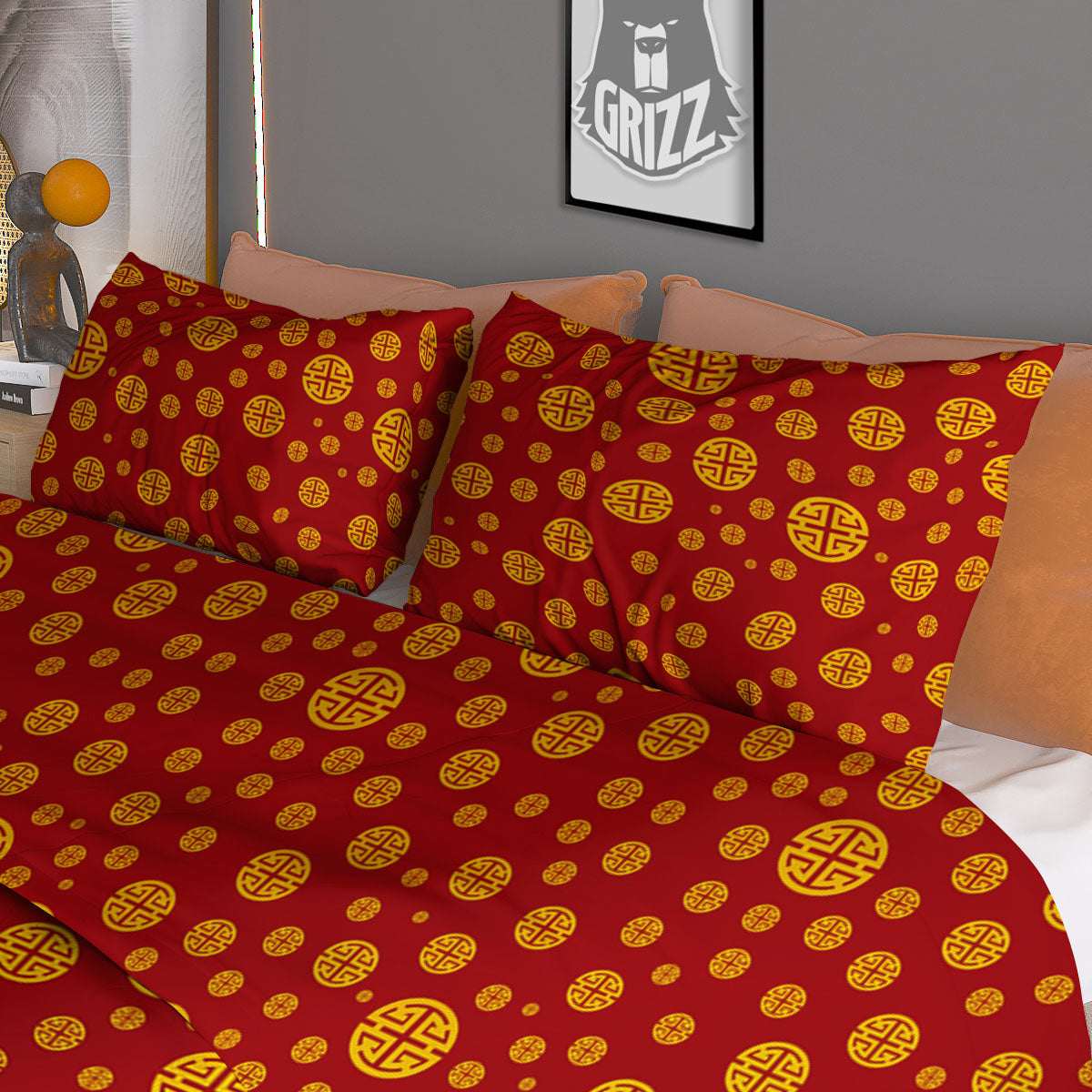 Chinese Gold Print Pattern Duvet Cover Bedding Set