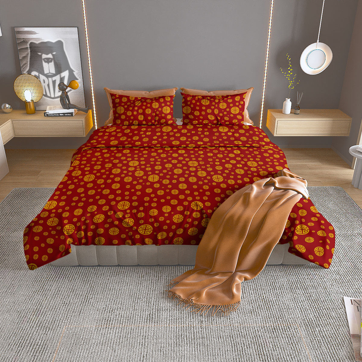 Chinese Gold Print Pattern Duvet Cover Bedding Set
