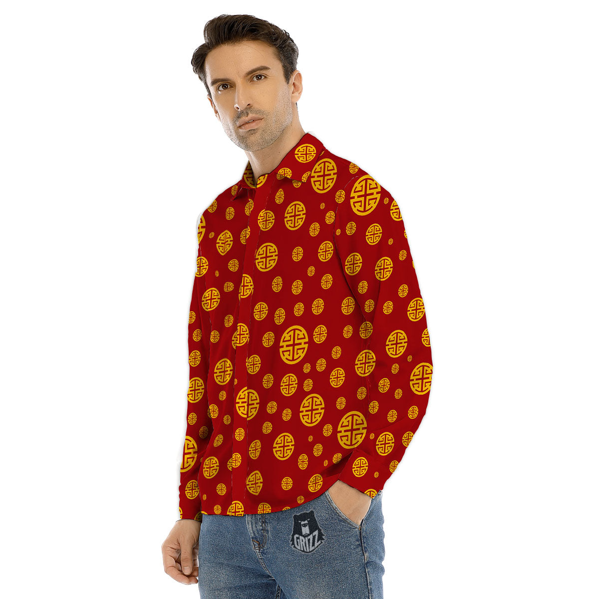 Chinese Gold Print Pattern Men's Dress Shirts-grizzshop