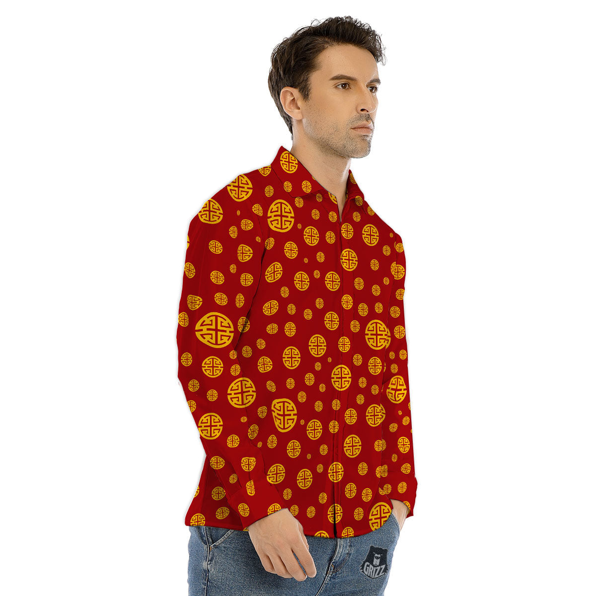 Chinese Gold Print Pattern Men's Dress Shirts-grizzshop
