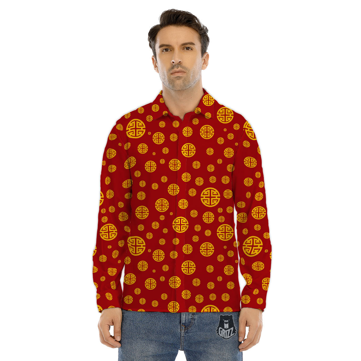 Chinese Gold Print Pattern Men's Dress Shirts-grizzshop