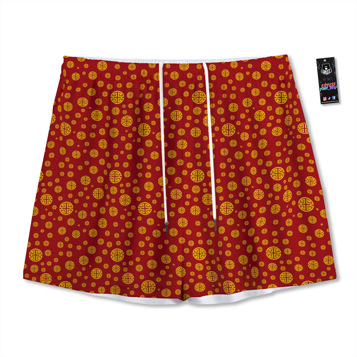 Chinese Gold Print Pattern Mesh Shorts