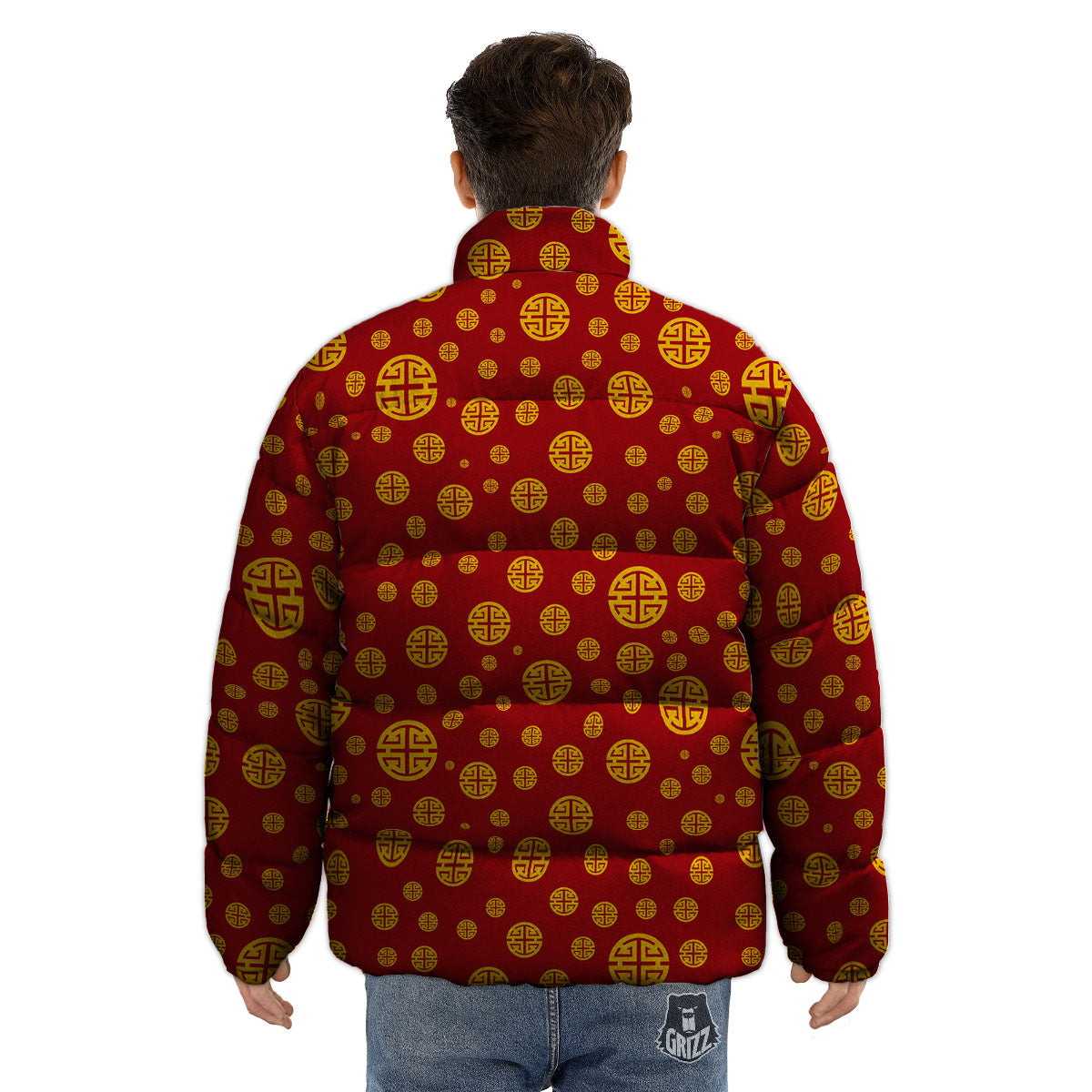Chinese Gold Print Pattern Puffer Jacket-grizzshop
