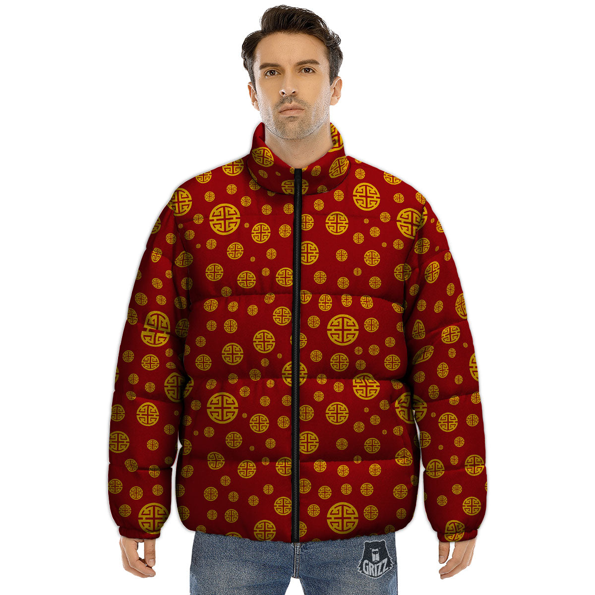 Chinese Gold Print Pattern Puffer Jacket-grizzshop