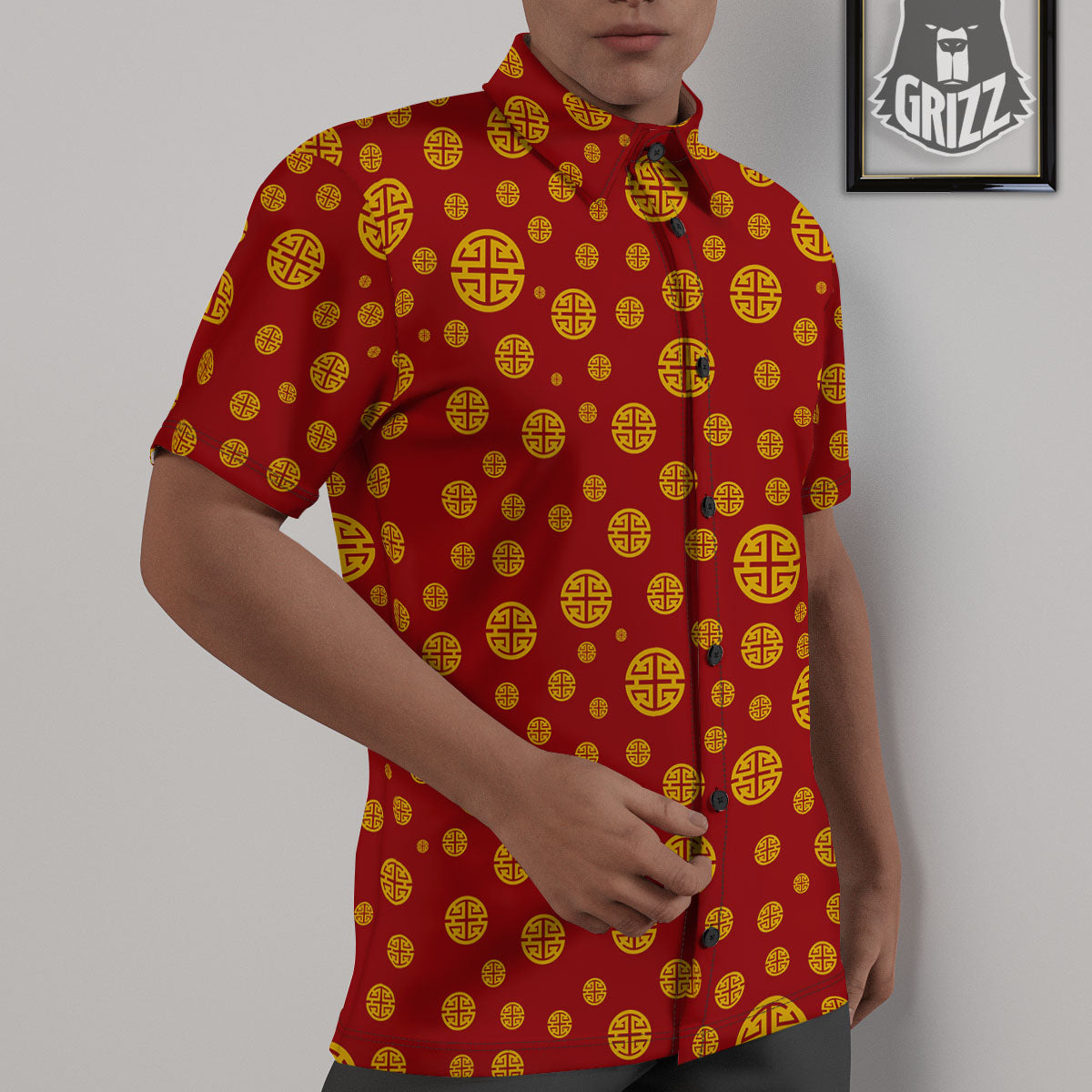 Chinese Gold Print Pattern Untucked Shirts-grizzshop