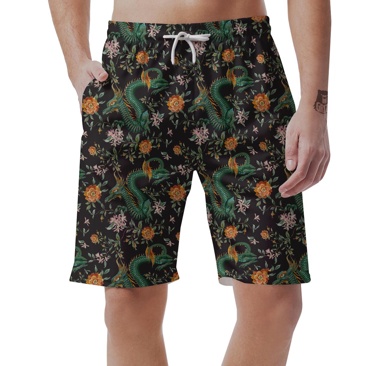 Chinese Green Dragon Print Men's Shorts-grizzshop