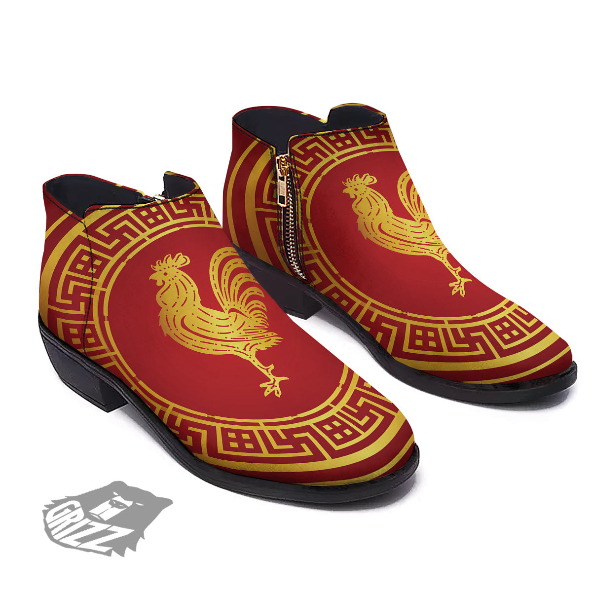 Chinese New Year Rooster Print Ankle Boots-grizzshop