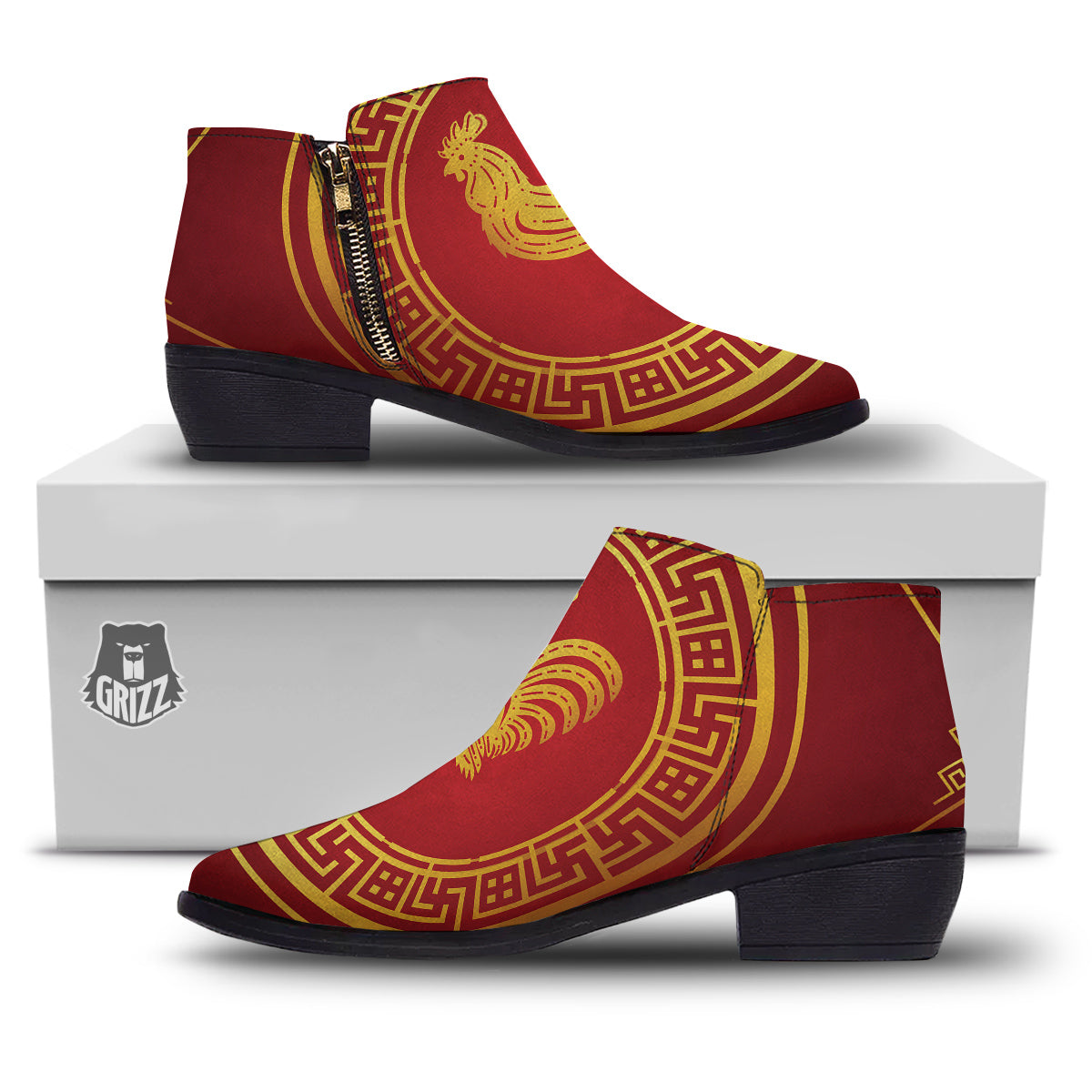 Chinese New Year Rooster Print Ankle Boots-grizzshop