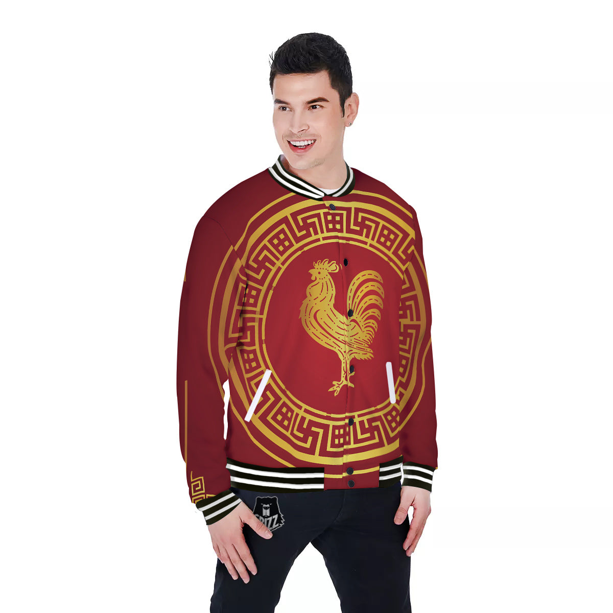 Chinese New Year Rooster Print Baseball Jacket-grizzshop