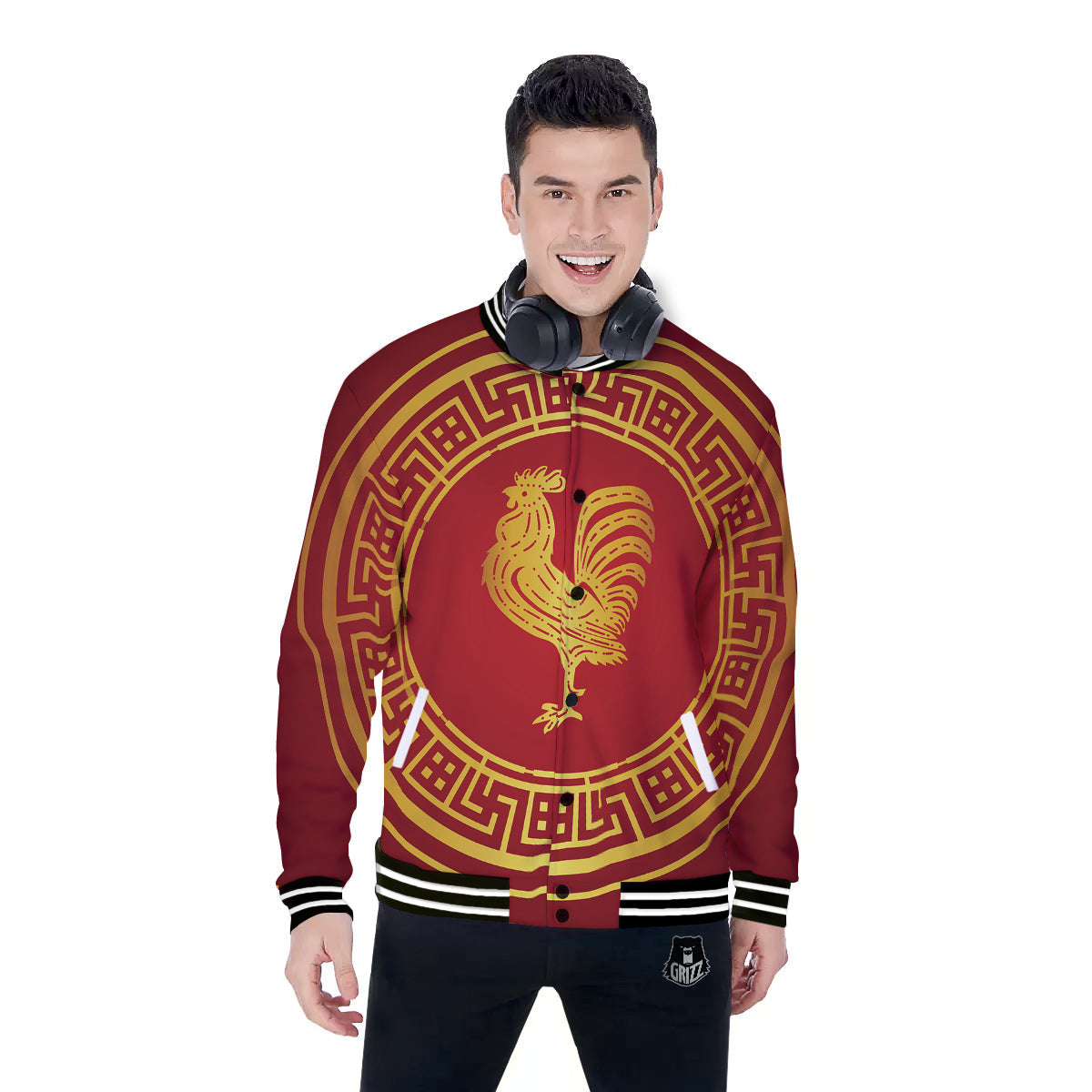 Chinese New Year Rooster Print Baseball Jacket-grizzshop