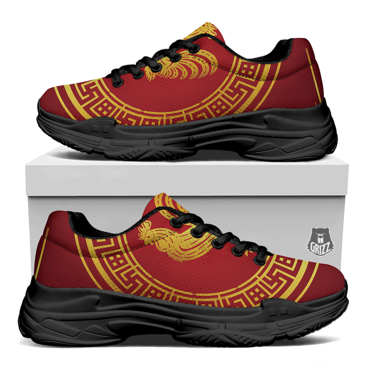 Chinese New Year Rooster Print Black Chunky Shoes-grizzshop