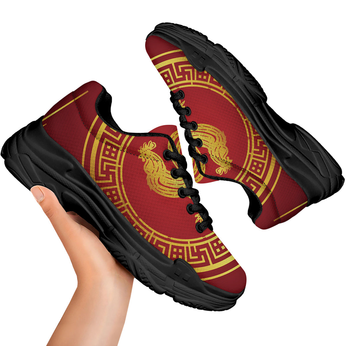 Chinese New Year Rooster Print Black Chunky Shoes-grizzshop
