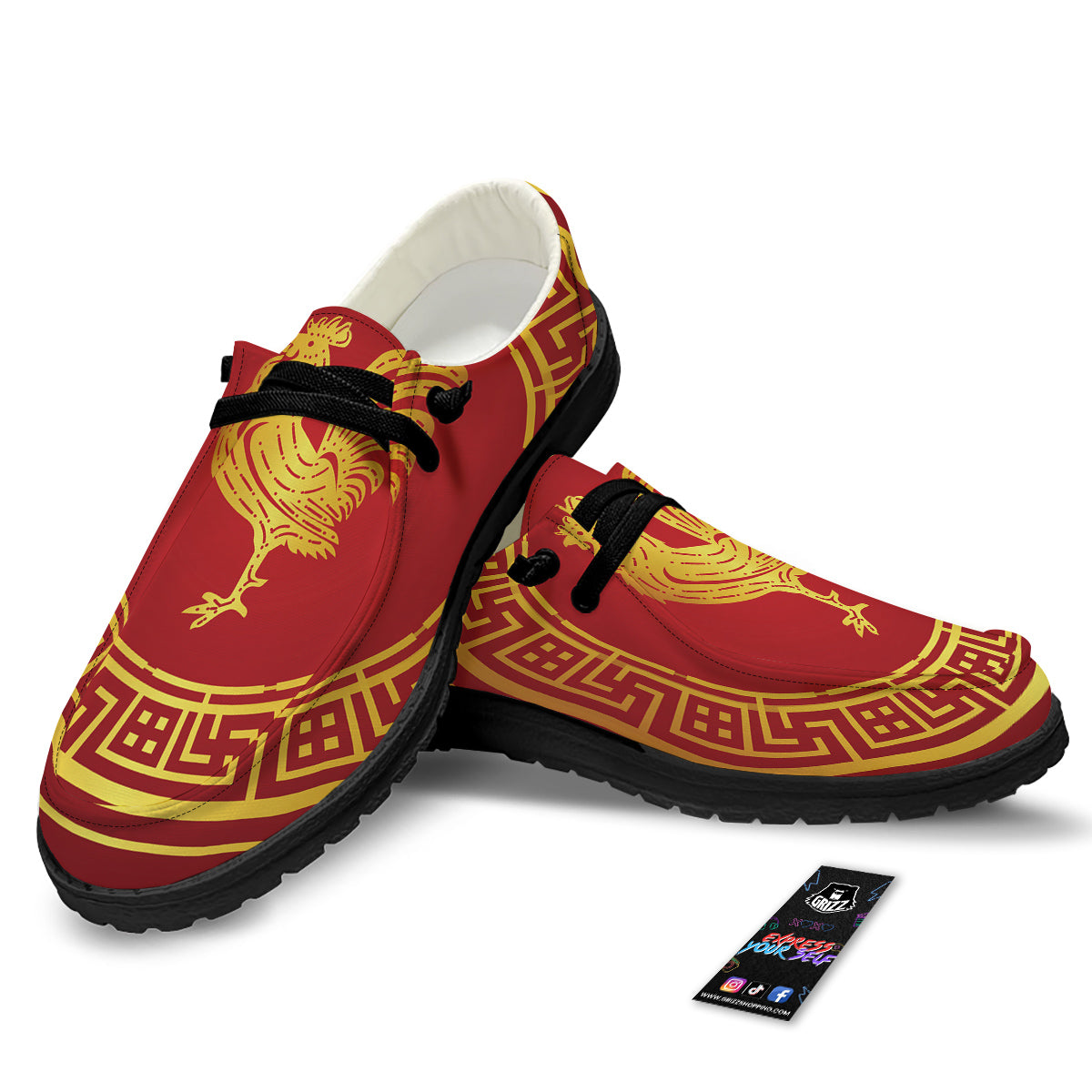 Chinese New Year Rooster Print Black Loafers-grizzshop