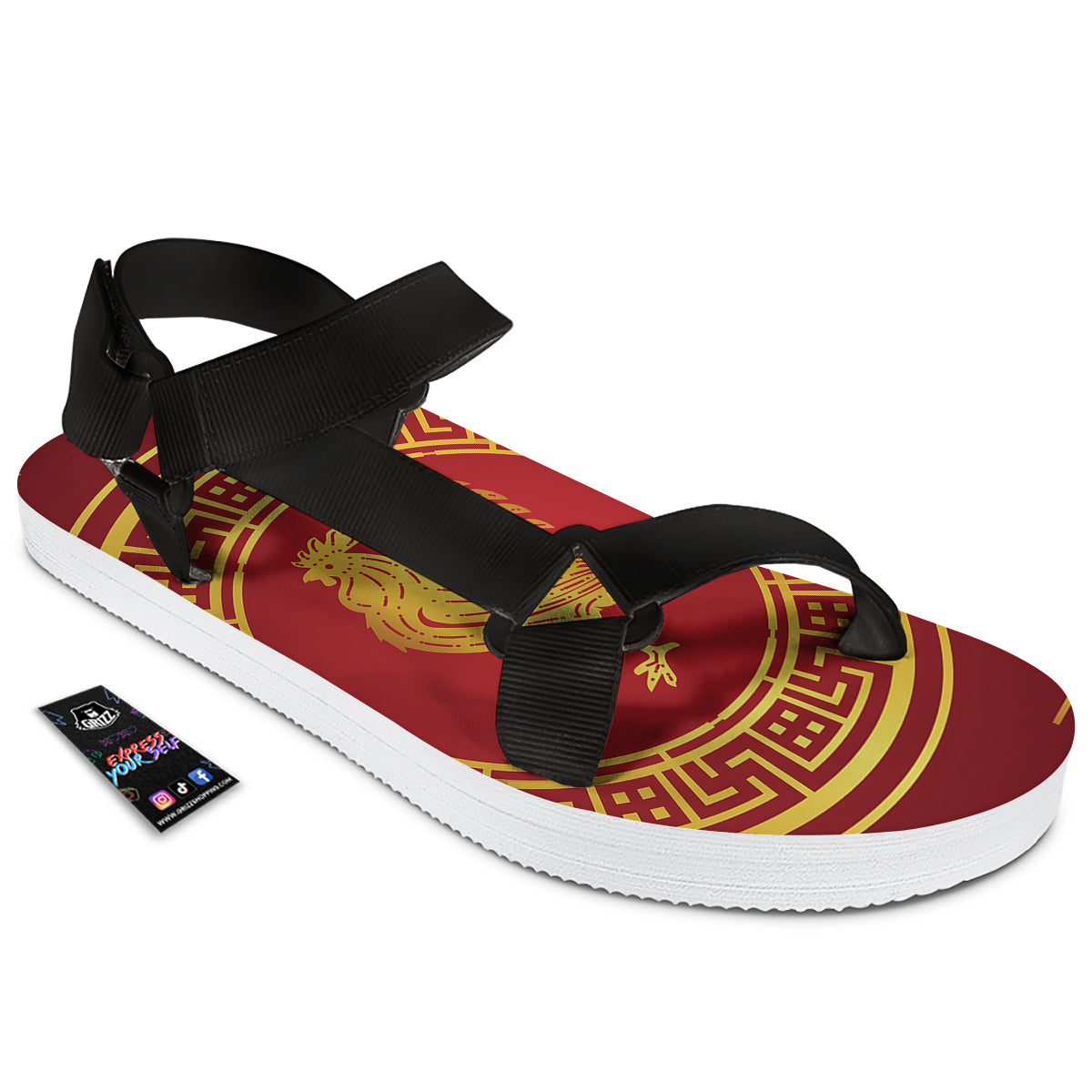 Chinese New Year Rooster Print Black Open Toe Sandals-grizzshop