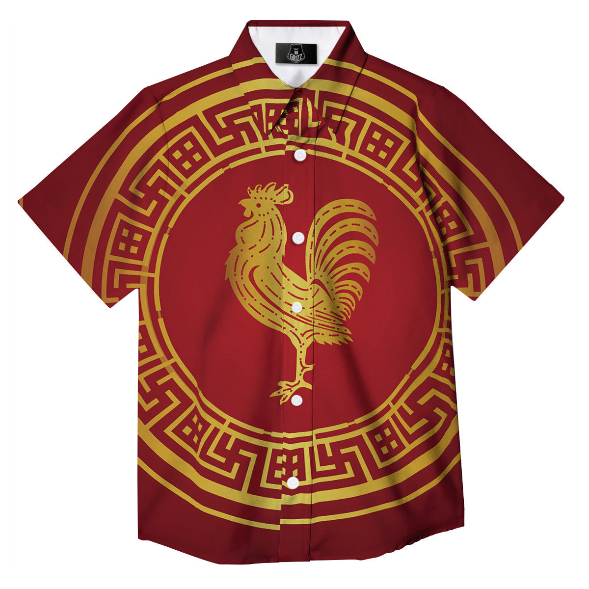 Chinese New Year Rooster Print Button Up Shirt-grizzshop