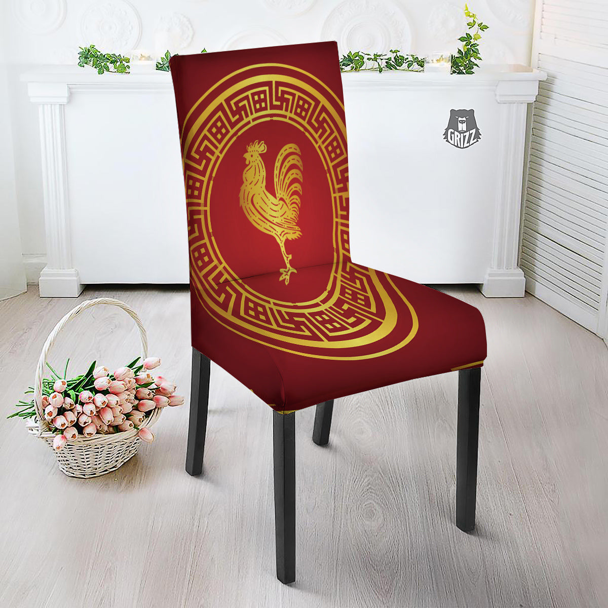 Chinese New Year Rooster Print Dining Chair Slipcover-grizzshop