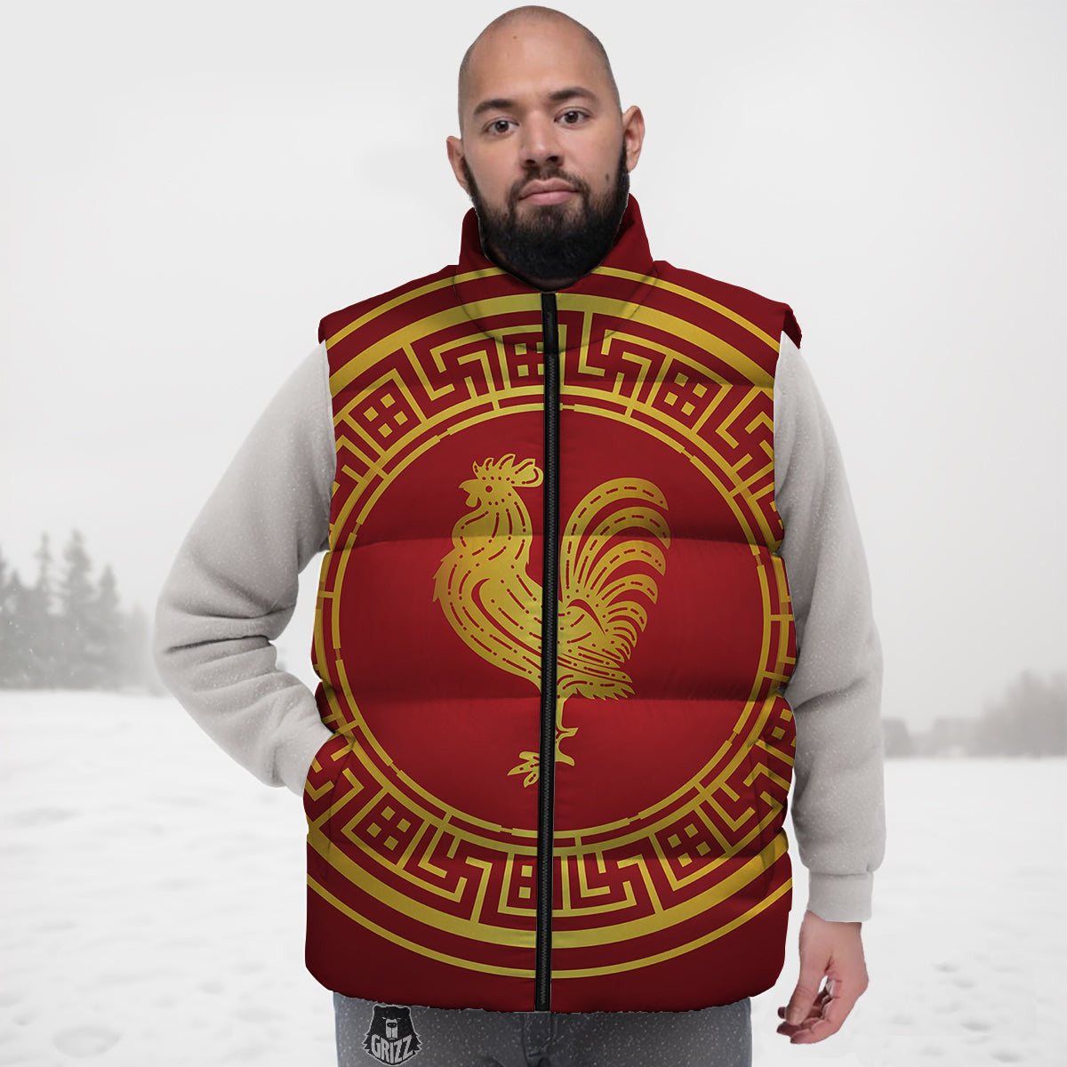 Chinese New Year Rooster Print Down Vest