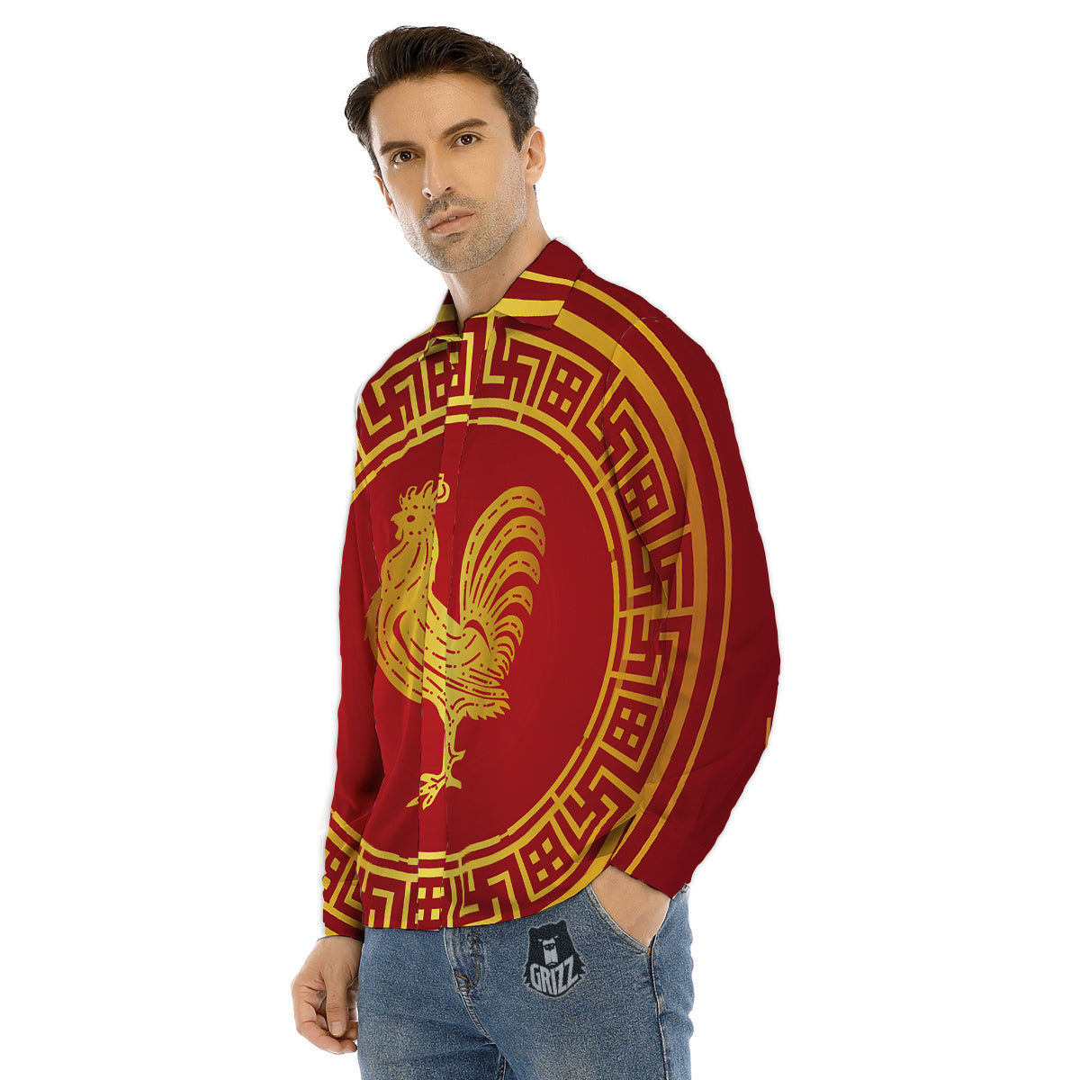 Chinese New Year Rooster Print Men's Dress Shirts-grizzshop